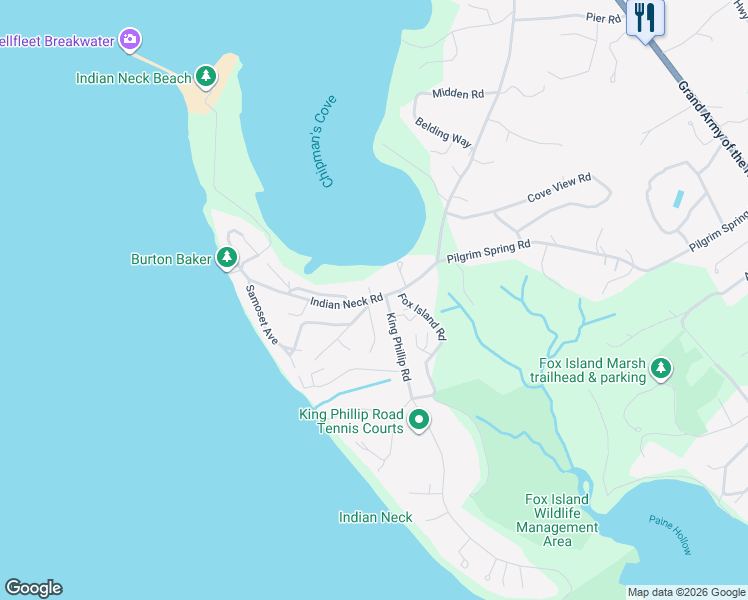 map of restaurants, bars, coffee shops, grocery stores, and more near 26 Massasoit Road in Wellfleet