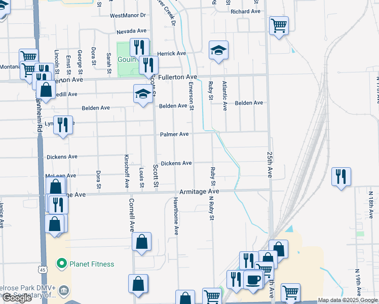 map of restaurants, bars, coffee shops, grocery stores, and more near 2120 Emerson Street in Melrose Park