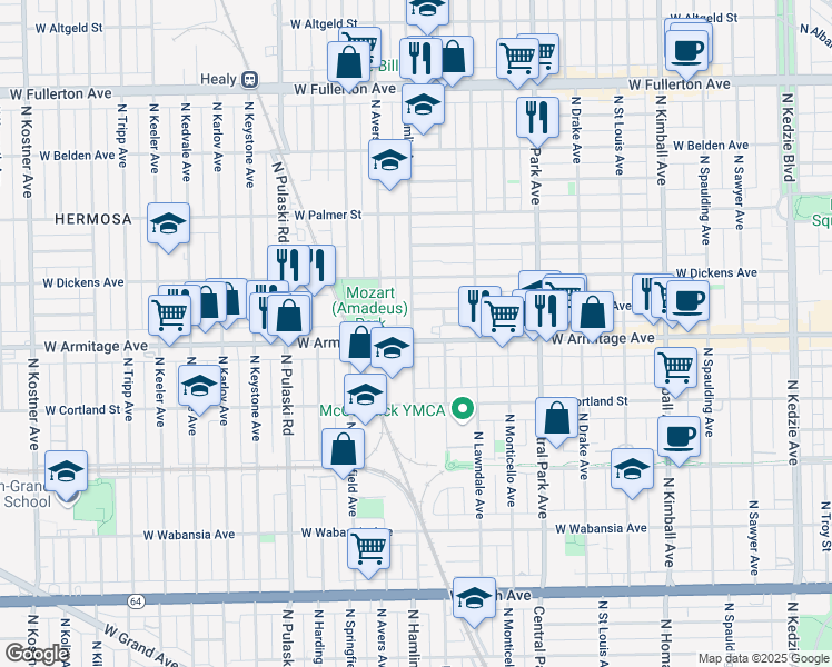 map of restaurants, bars, coffee shops, grocery stores, and more near 3780 West Armitage Avenue in Chicago
