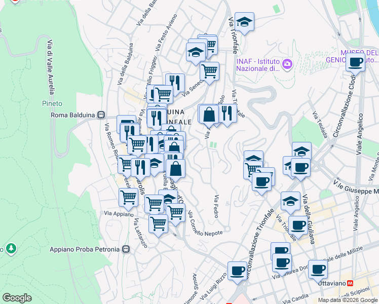 map of restaurants, bars, coffee shops, grocery stores, and more near 65 Viale Tito Livio in Roma