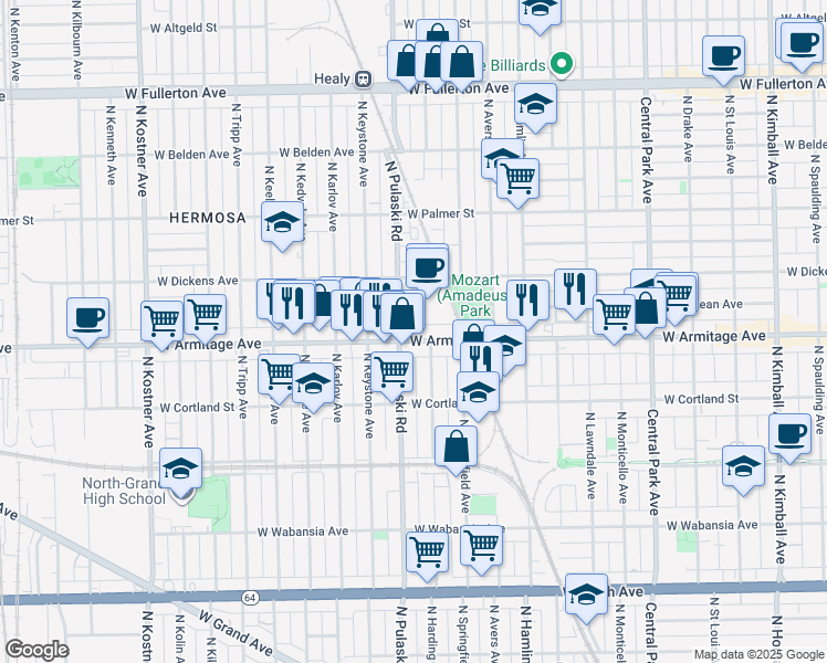 map of restaurants, bars, coffee shops, grocery stores, and more near 3946 West Armitage Avenue in Chicago