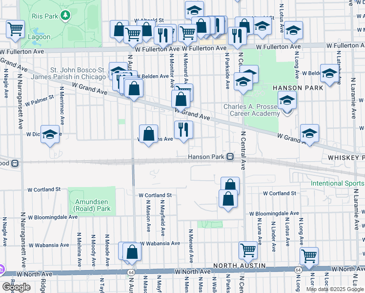 map of restaurants, bars, coffee shops, grocery stores, and more near 5801 West Dickens Avenue in Chicago