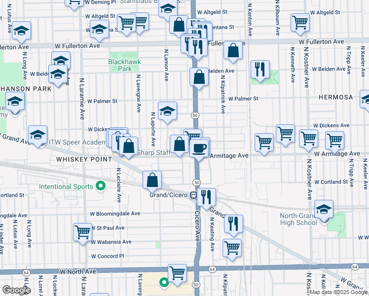map of restaurants, bars, coffee shops, grocery stores, and more near 2019 North La Crosse Avenue in Chicago