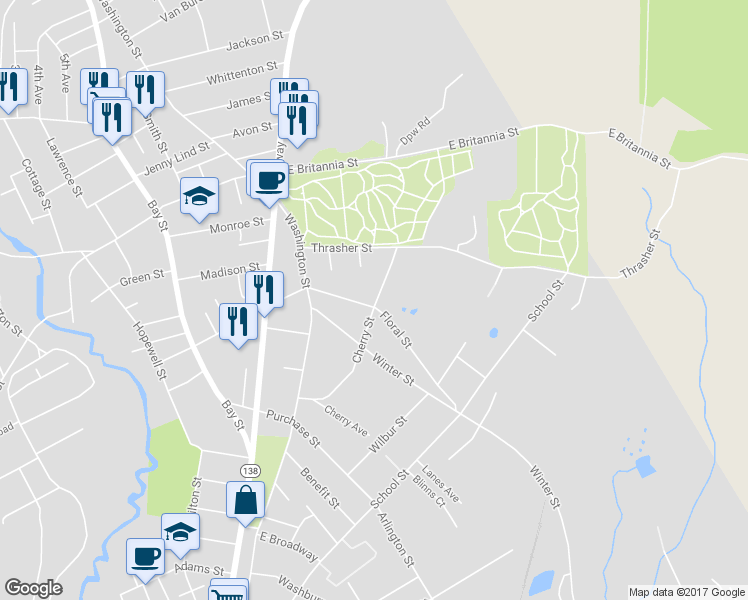 map of restaurants, bars, coffee shops, grocery stores, and more near 59 Floral Street in Taunton
