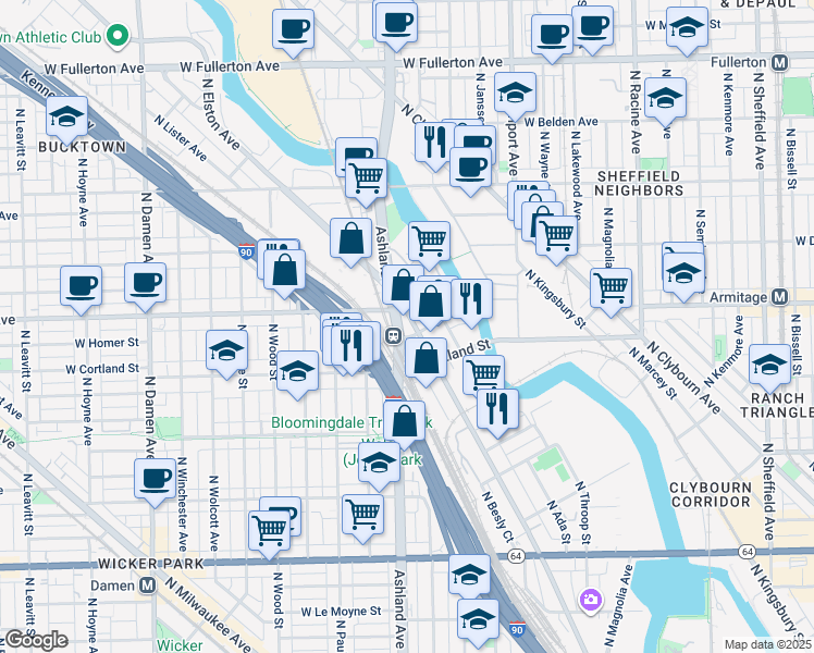 map of restaurants, bars, coffee shops, grocery stores, and more near in Chicago