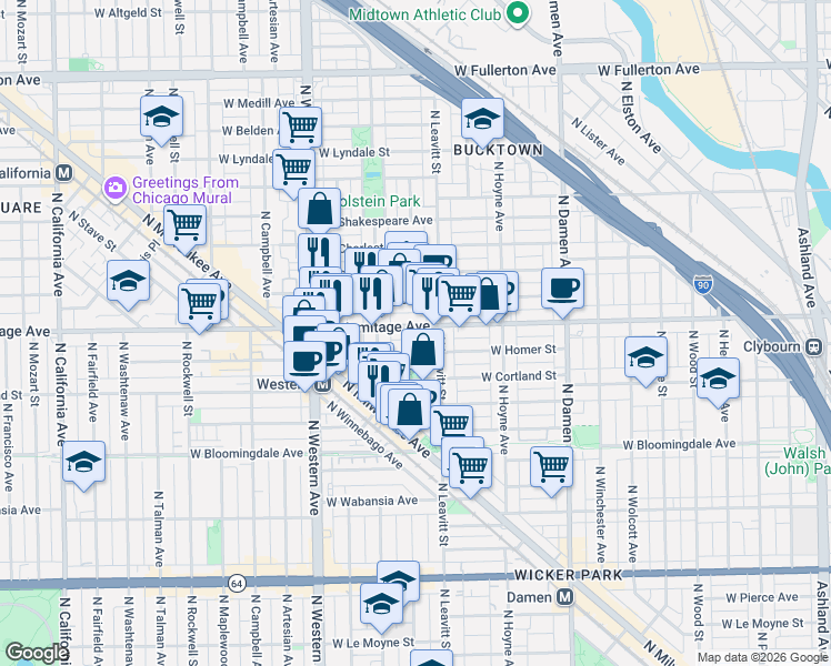 map of restaurants, bars, coffee shops, grocery stores, and more near 2237 West Armitage Avenue in Chicago