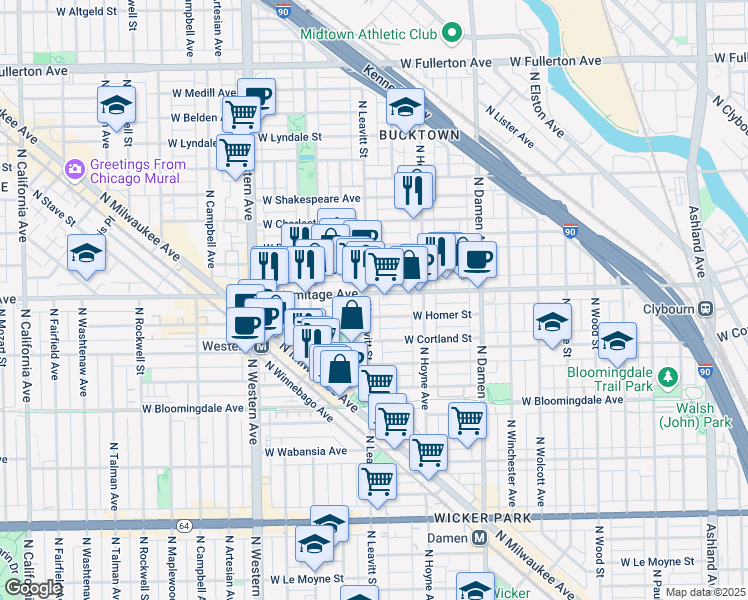 map of restaurants, bars, coffee shops, grocery stores, and more near 1955 North Leavitt Street in Chicago