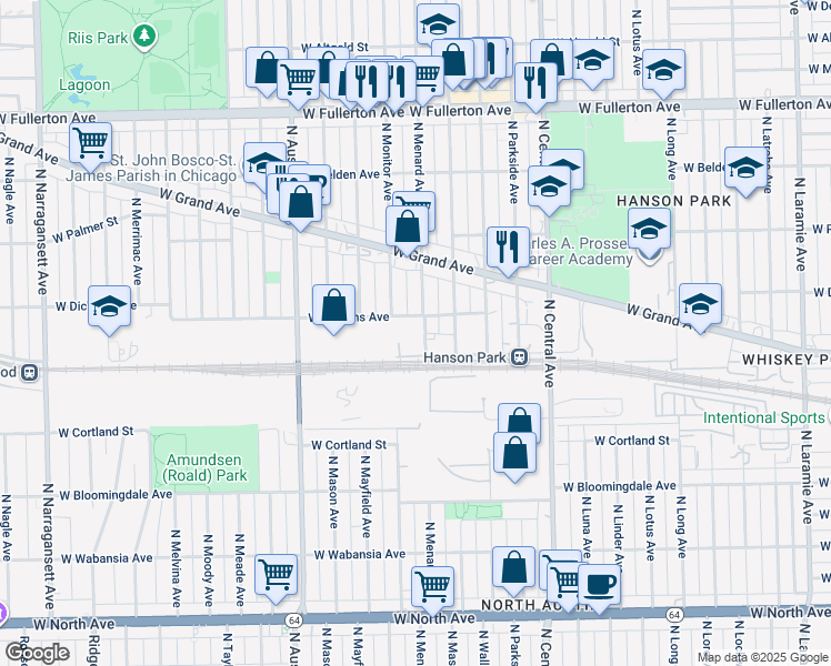 map of restaurants, bars, coffee shops, grocery stores, and more near 5801 West Dickens Avenue in Chicago