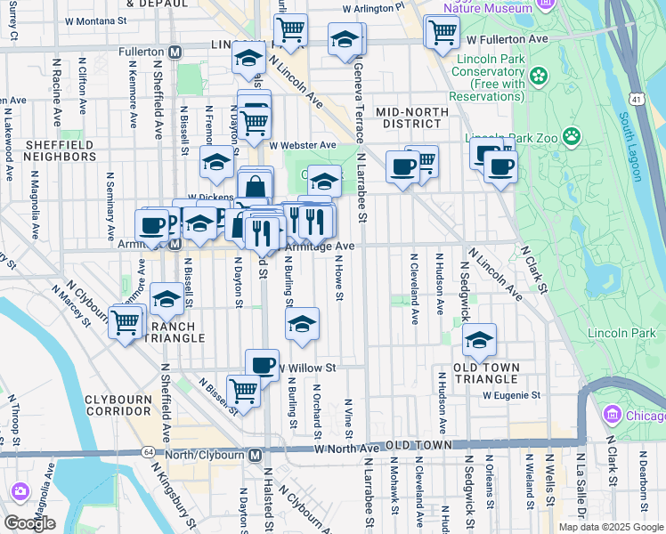map of restaurants, bars, coffee shops, grocery stores, and more near 1950 North Howe Street in Chicago