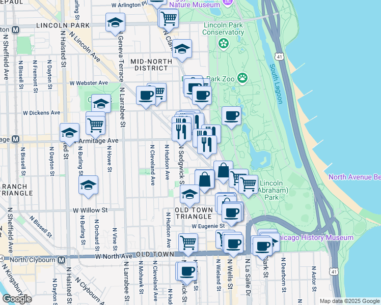 map of restaurants, bars, coffee shops, grocery stores, and more near 1948 North Lincoln Avenue in Chicago