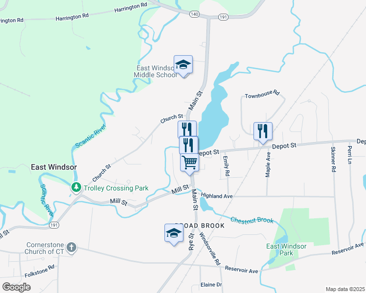 map of restaurants, bars, coffee shops, grocery stores, and more near 100 Main Street in East Windsor