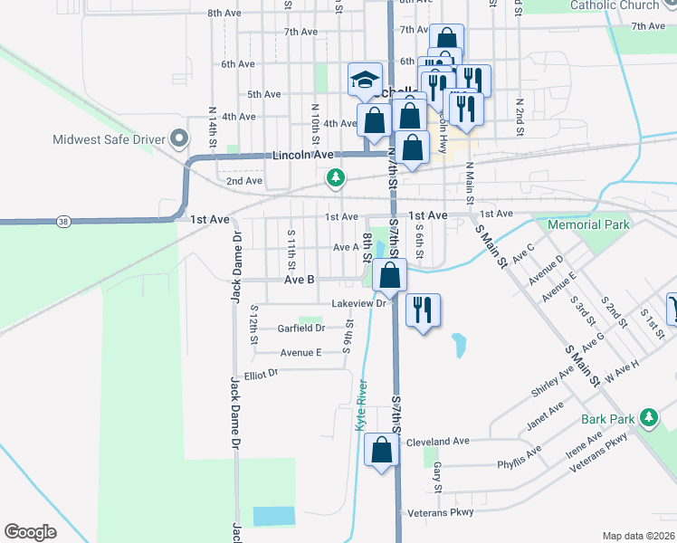 map of restaurants, bars, coffee shops, grocery stores, and more near 226 South 9th Street in Rochelle