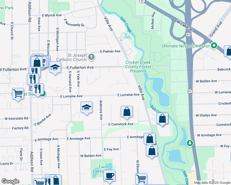 map of restaurants, bars, coffee shops, grocery stores, and more near 442 Lorraine Avenue in Addison