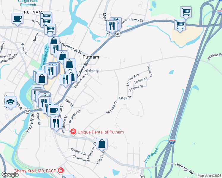 map of restaurants, bars, coffee shops, grocery stores, and more near 160 Farrows Street in Putnam