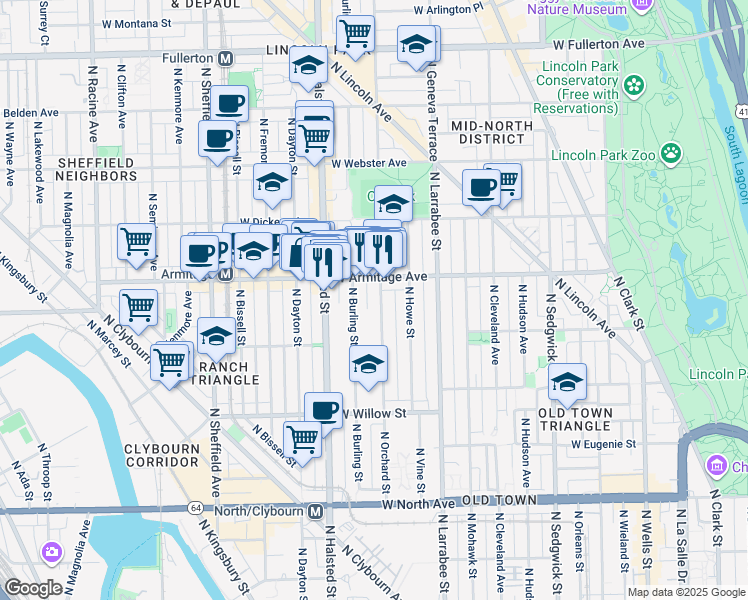 map of restaurants, bars, coffee shops, grocery stores, and more near 1950 North Orchard Street in Chicago