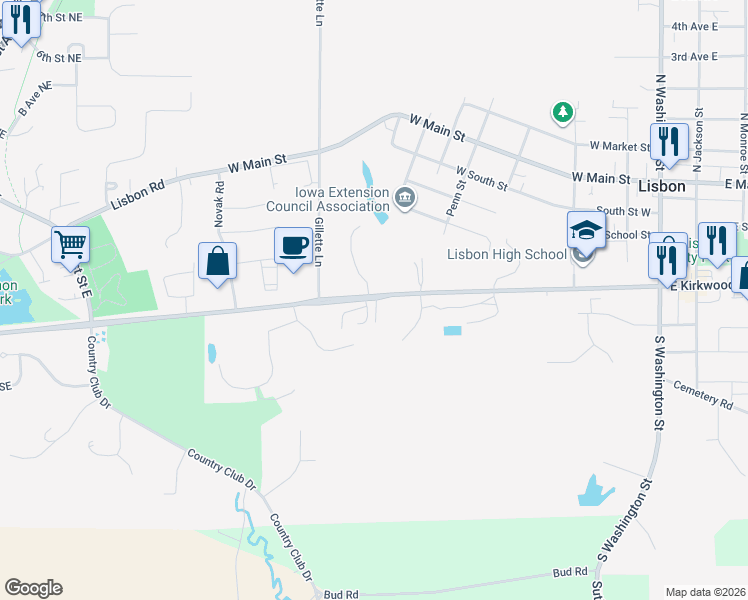 map of restaurants, bars, coffee shops, grocery stores, and more near 841 U.S. 30 in Lisbon