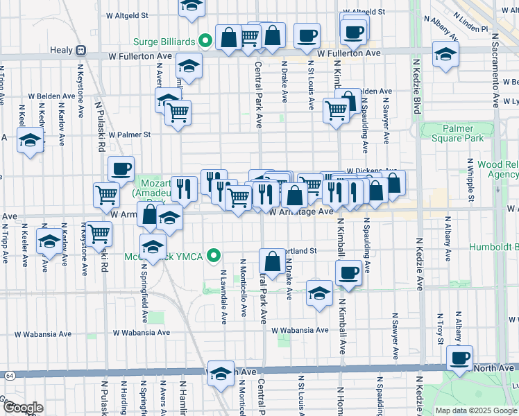 map of restaurants, bars, coffee shops, grocery stores, and more near 17 North Central Park Avenue in Chicago