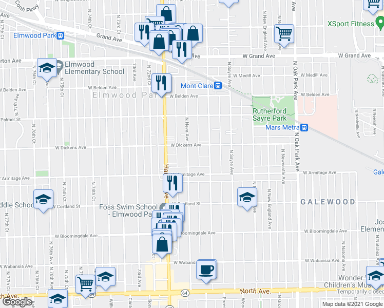 map of restaurants, bars, coffee shops, grocery stores, and more near 2041 North Neva Avenue in Chicago
