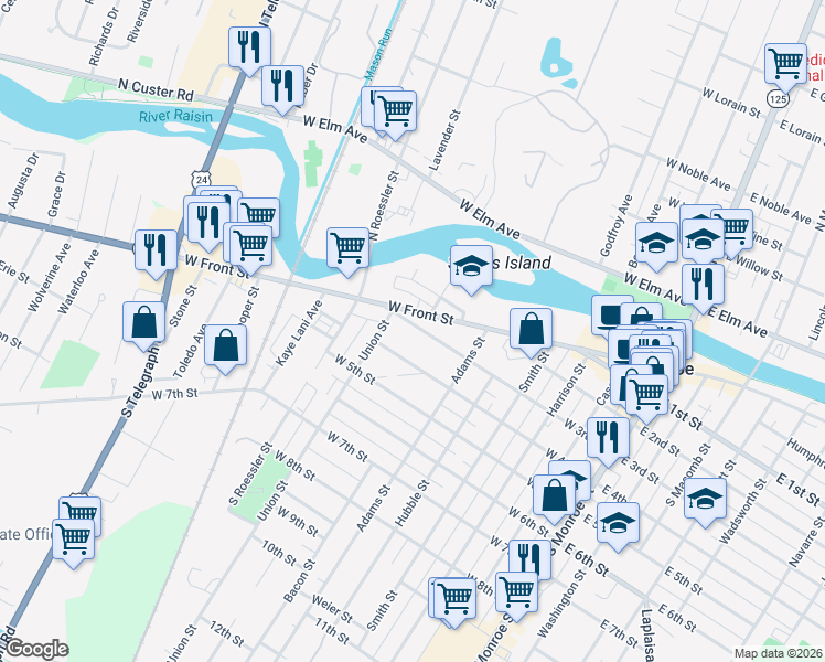 map of restaurants, bars, coffee shops, grocery stores, and more near 703 West 3rd Street in Monroe