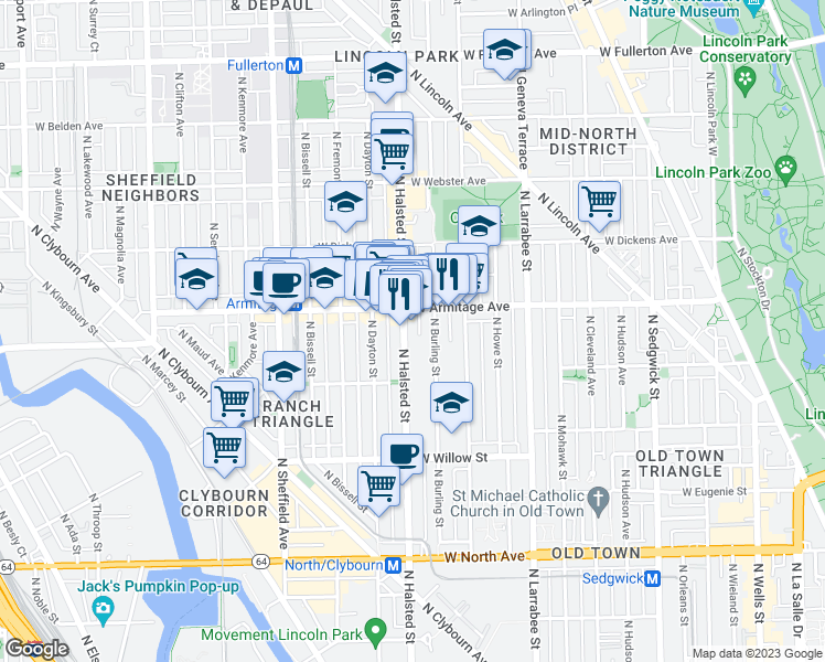 map of restaurants, bars, coffee shops, grocery stores, and more near 1951 North Halsted Street in Chicago