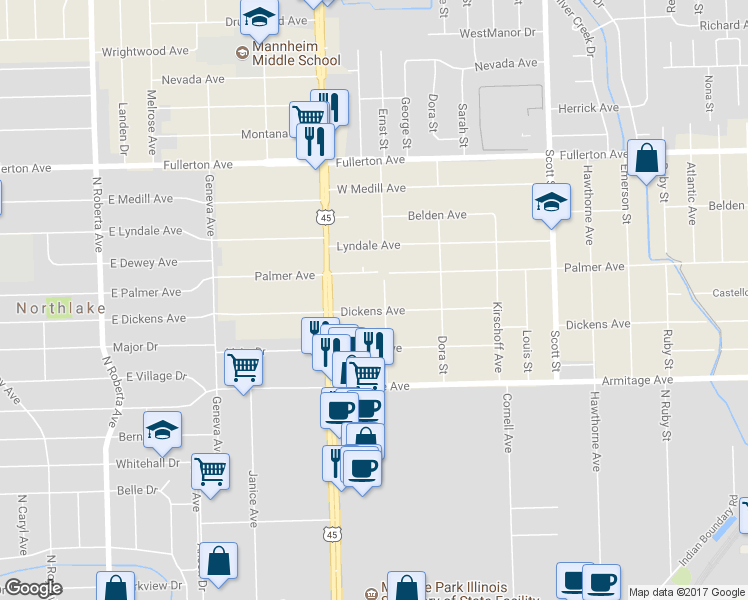 map of restaurants, bars, coffee shops, grocery stores, and more near 10312 Dickens Avenue in Melrose Park