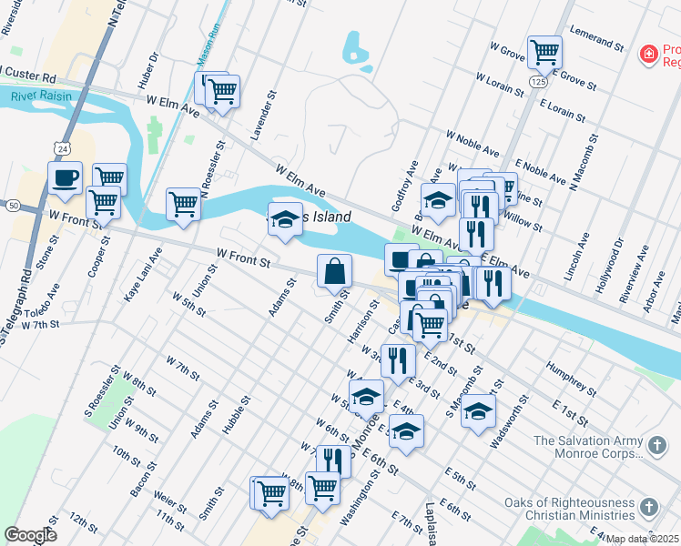 map of restaurants, bars, coffee shops, grocery stores, and more near 314 West Front Street in Monroe