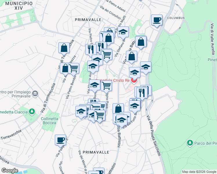 map of restaurants, bars, coffee shops, grocery stores, and more near 260 Via Sant Igino Papa in Roma