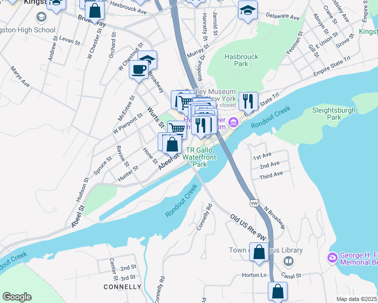 map of restaurants, bars, coffee shops, grocery stores, and more near 50 Abeel Street in Kingston
