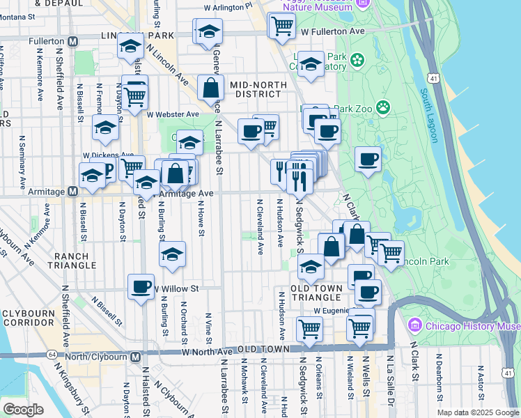 map of restaurants, bars, coffee shops, grocery stores, and more near 1932 North Hudson Avenue in Chicago