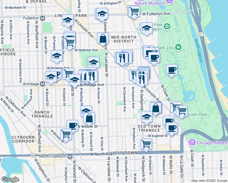map of restaurants, bars, coffee shops, grocery stores, and more near 1935 North Mohawk Street in Chicago