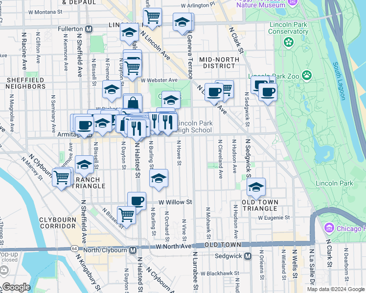 map of restaurants, bars, coffee shops, grocery stores, and more near 1950 North Howe Street in Chicago