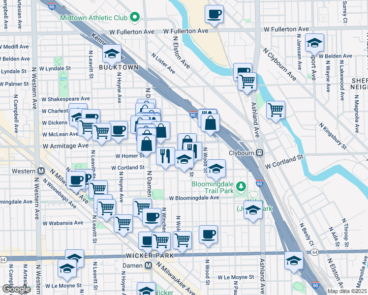 map of restaurants, bars, coffee shops, grocery stores, and more near 1857 West Armitage Avenue in Chicago