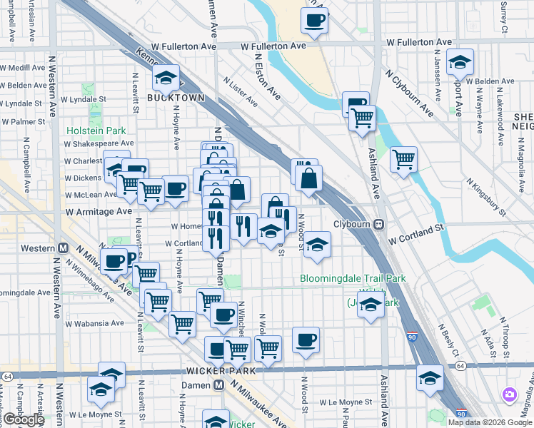 map of restaurants, bars, coffee shops, grocery stores, and more near 1857 West Armitage Avenue in Chicago