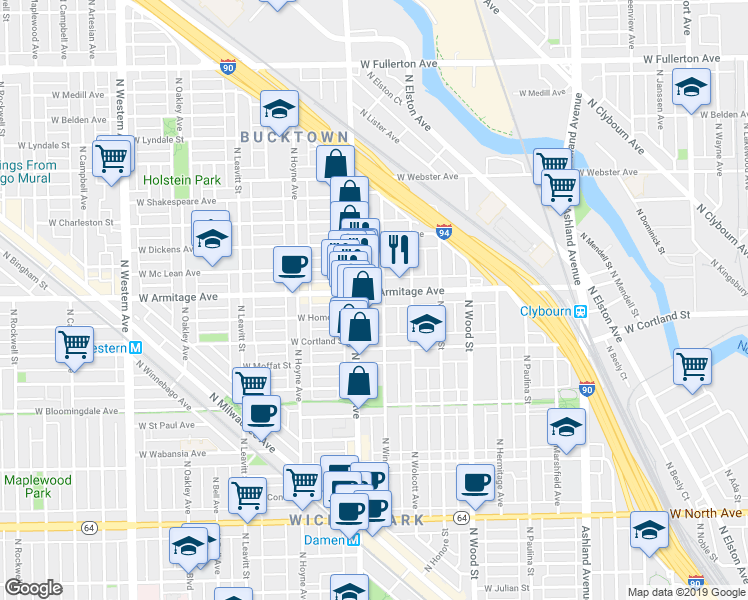 map of restaurants, bars, coffee shops, grocery stores, and more near 1956 West Armitage Avenue in Chicago