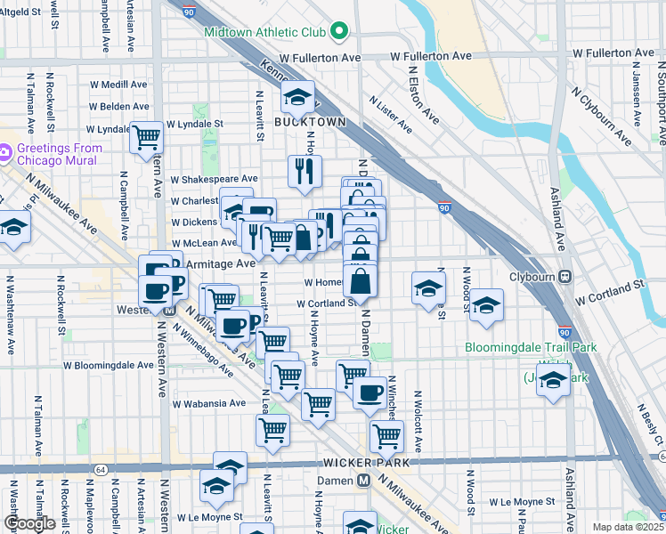 map of restaurants, bars, coffee shops, grocery stores, and more near 2047 West Armitage Avenue in Chicago