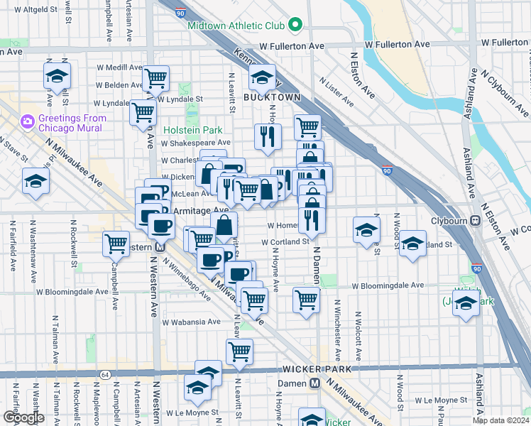 map of restaurants, bars, coffee shops, grocery stores, and more near 2121 West Armitage Avenue in Chicago