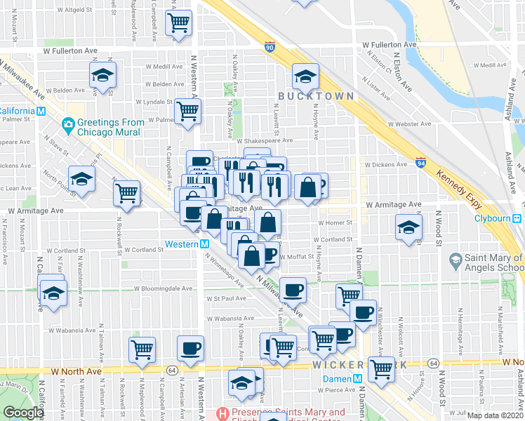 map of restaurants, bars, coffee shops, grocery stores, and more near 2237 West Armitage Avenue in Chicago