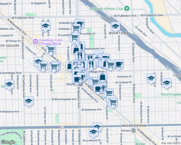 map of restaurants, bars, coffee shops, grocery stores, and more near 2313 West Armitage Avenue in Chicago