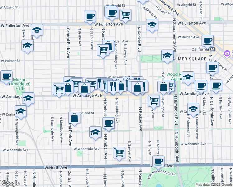 map of restaurants, bars, coffee shops, grocery stores, and more near 3316 West Armitage Avenue in Chicago