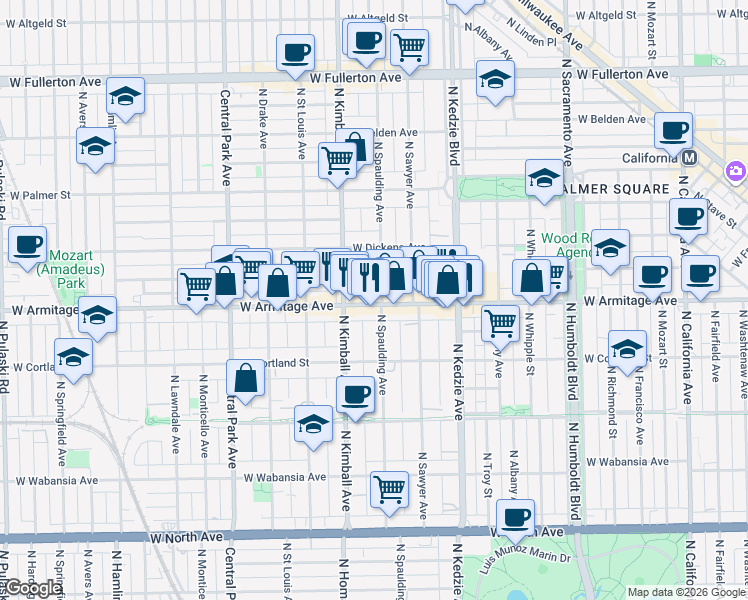 map of restaurants, bars, coffee shops, grocery stores, and more near 3316 West Armitage Avenue in Chicago