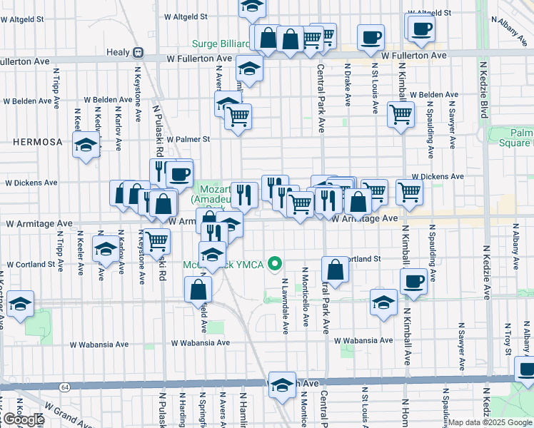 map of restaurants, bars, coffee shops, grocery stores, and more near 3712 West Armitage Avenue in Chicago