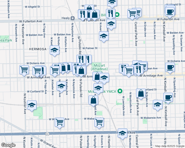 map of restaurants, bars, coffee shops, grocery stores, and more near 3904 West Armitage Avenue in Chicago