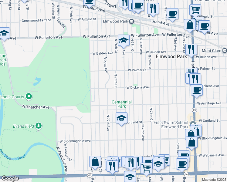 map of restaurants, bars, coffee shops, grocery stores, and more near 2040 North 76th Court in Elmwood Park