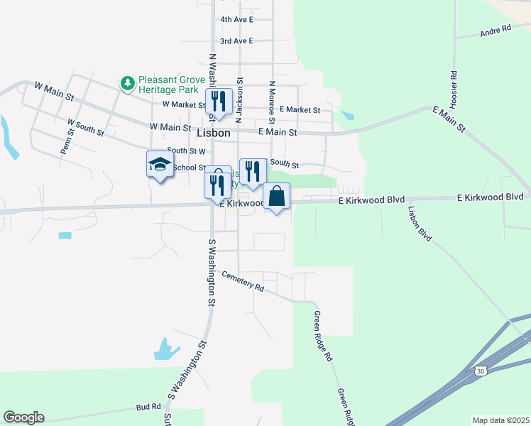 map of restaurants, bars, coffee shops, grocery stores, and more near 416 North Jackson Street in Lisbon