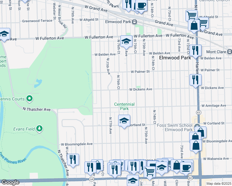 map of restaurants, bars, coffee shops, grocery stores, and more near 2040 North 76th Court in Elmwood Park