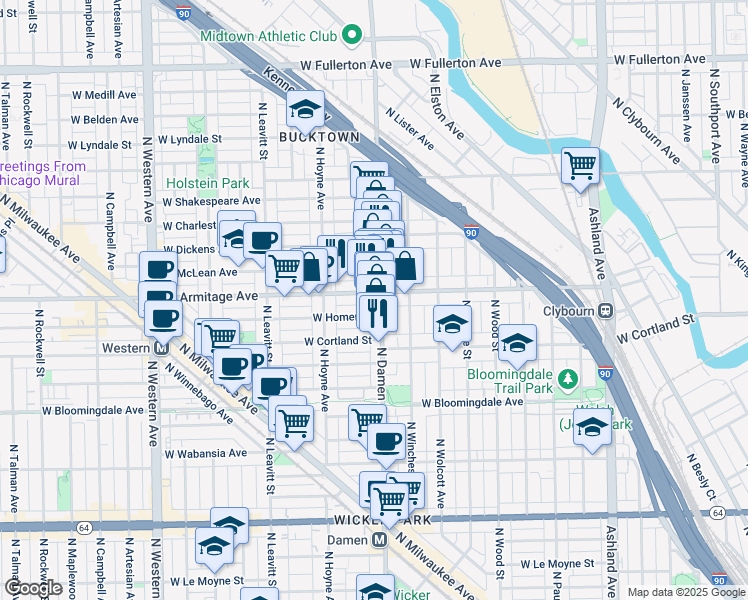 map of restaurants, bars, coffee shops, grocery stores, and more near 1954 North Damen Avenue in Chicago