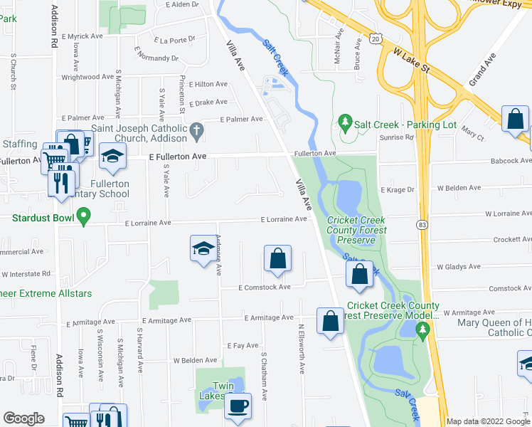 map of restaurants, bars, coffee shops, grocery stores, and more near 456 East Lorraine Avenue in Addison