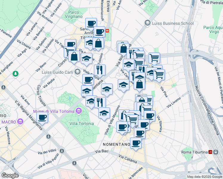 map of restaurants, bars, coffee shops, grocery stores, and more near 2-12 Via Antonio Nibby in Rome