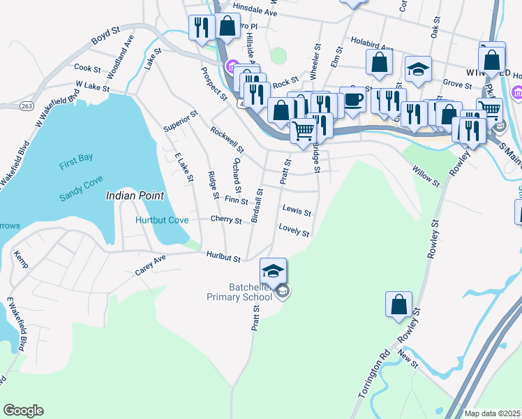 map of restaurants, bars, coffee shops, grocery stores, and more near 67 Birdsall Street in Winsted