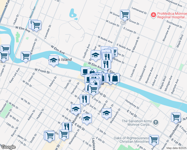 map of restaurants, bars, coffee shops, grocery stores, and more near Martin Luther King Jr. Pedestrian Bridge in Monroe